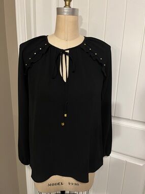 Michael Kors Black Long-Sleeve Tie-Neck Blouse with Stud Accents